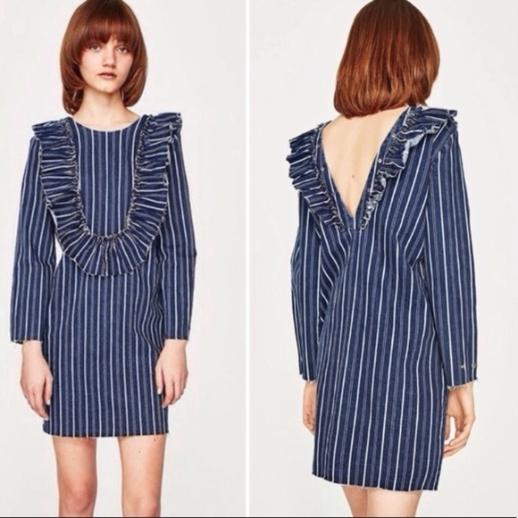 Zara Denim Striped Fringe Bib Long Sleeve Mini Dress Size XS - Picture 9 of 9